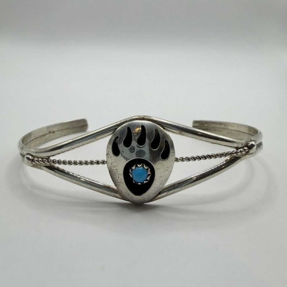 925 Sterling Silver Turquoise Bear Paw Shadowbox Cuff Bracelet 7g Southwestern
